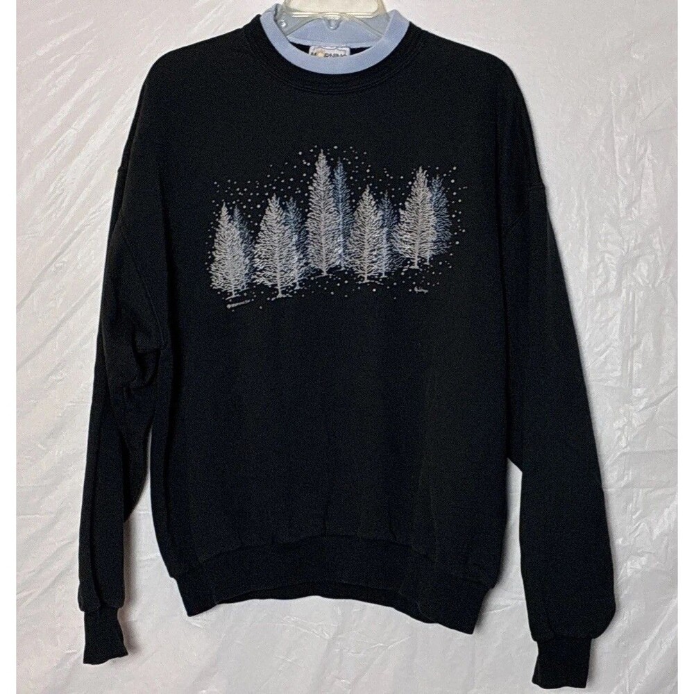 VTG Morning Sun G. Johnson Hand Painted Winter Pines Double Collar Sweatshirt XL